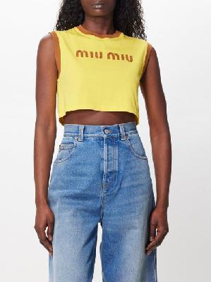 Miu Miu - Logo-embroidered Cotton-jersey Cropped Top - Womens - Yellow Brown - L