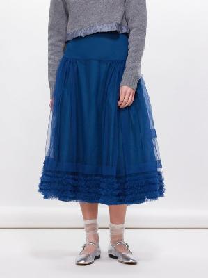 Molly Goddard - Uma Ruffled Tulle Midi Skirt - Womens - Dark Blue - 14 UK