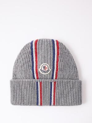 Moncler - Logo-patch Striped Wool Beanie - Mens - Grey Multi - ONE SIZE