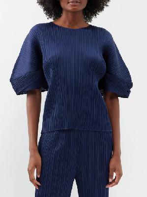 Pleats Please Issey Miyake - Puff-sleeve Technical-pleated Top - Womens - Navy - 3
