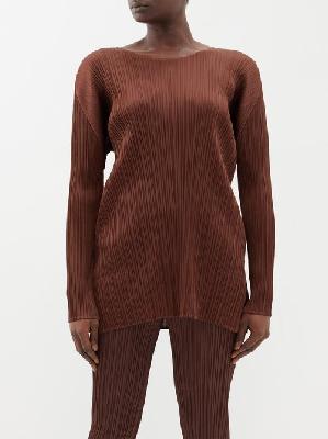 Pleats Please Issey Miyake - Boat-neck Technical-pleated Top - Womens - Dark Brown - 5