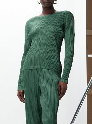 Pleats Please Issey Miyake - Technical-pleated Boat-neck Top - Womens - Dark Green - 5
