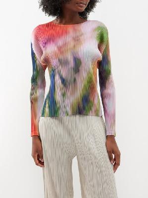 Pleats Please Issey Miyake - Abstract-print Technical Pleated Top - Womens - White Multi - 3