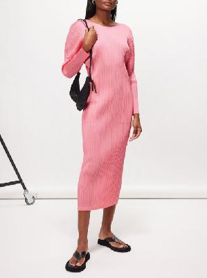 Pleats Please Issey Miyake - Balloon-sleeve Technical-pleated Midi Dress - Womens - Pink - 2