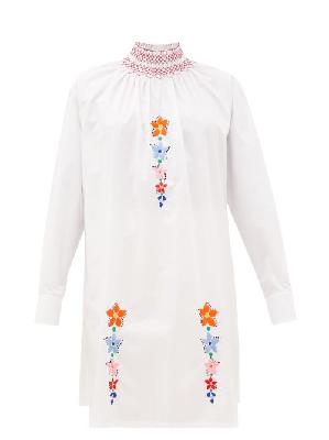 Prada - Floral-embroidered Cotton-poplin Tunic Blouse - Womens - White Multi - 44 IT