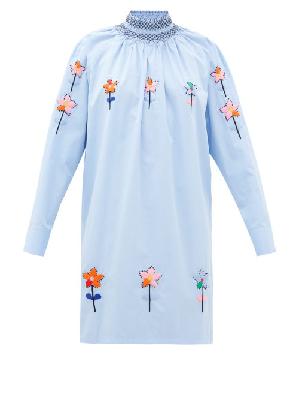 Prada - Floral-embroidered Cotton-poplin Tunic Blouse - Womens - Light Blue - 36 IT