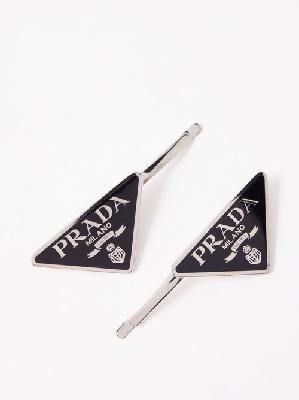 Prada - Set Of Two Enameled Logo-plaque Hair Pins - Womens - Black - ONE SIZE