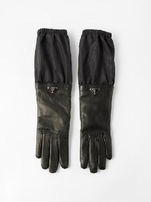 Prada - Triangle Logo-plaque Leather And Nylon Gloves - Womens - Black - 6.5