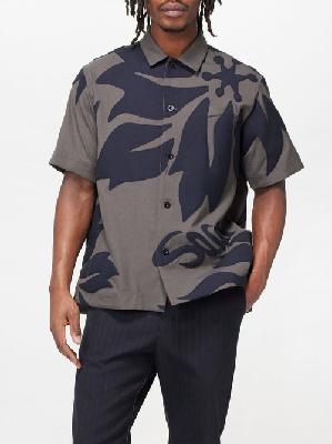Sacai - Floral-appliqué Barathea Shirt - Mens - Taupe Blue - 1