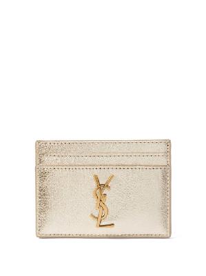 Saint Laurent - Ysl-plaque Grained Leather Cardholder - Womens - Gold