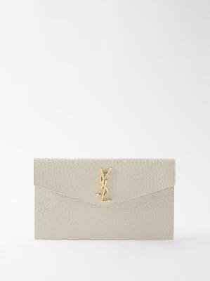 Saint Laurent - Ysl-logo Croc-effect Leather Clutch Bag - Womens - White - ONE SIZE
