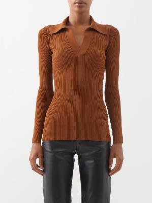 Saint Laurent - Open-collar Ribbed-crepe Polo Shirt - Womens - Brown - XL