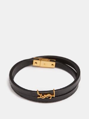 Saint Laurent - Ysl-plaque Double Leather Bracelet - Womens - 01bk