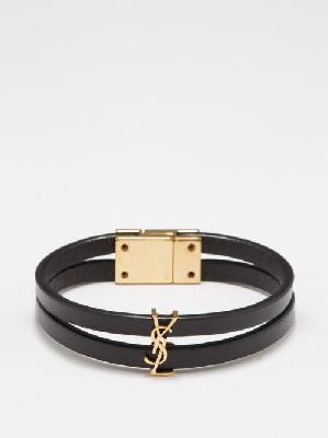 Saint Laurent - Ysl-plaque Double Leather Bracelet - Womens - 01bk - M