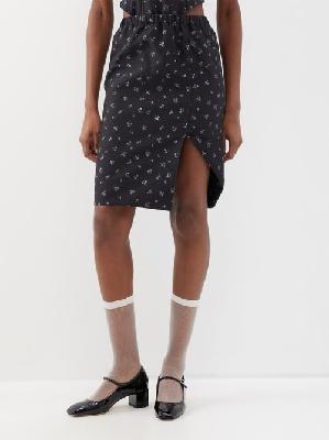 Shushu/tong - Floral-print Cotton-blend Midi Skirt - Womens - Black Multi - 10 UK