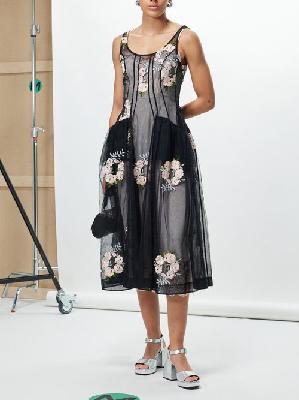 Simone Rocha - Rose-embroidered Tulle Midi Dress - Womens - Black - 4 UK