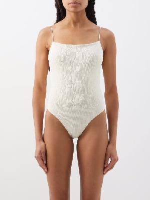 Toteme - Smocked Recycled-jersey Swimsuit - Womens - Cream - XXS