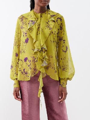 Victoria Beckham - Romantic Ruffled-neck Silk-plissé Blouse - Womens - Yellow Multi - 10 UK