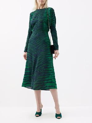 Victoria Beckham - Dolman-sleeve Tiger-print Cady Midi Dress - Womens - Green - 10 UK