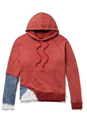 Greg Lauren - Multi Fragment Distressed Patchwork Denim, Waffle-Knit and Cotton-Jersey Hoodie