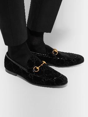 GUCCI - Jordaan Horsebit Leather-Trimmed Logo-Embroidered Velvet Loafers