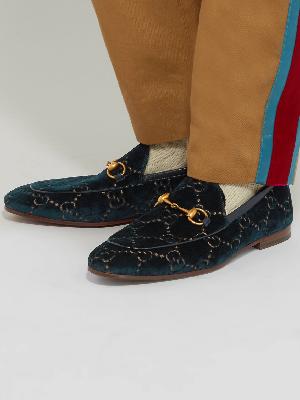GUCCI - Jordaan Horsebit Leather-Trimmed Logo-Embroidered Velvet Loafers