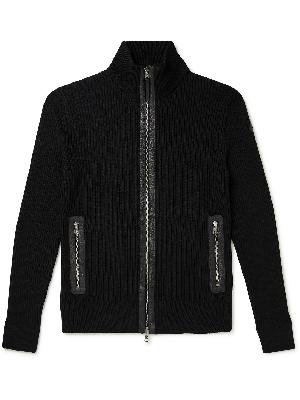 Moncler - Leather-Trimmed Ribbed Virgin Wool Cardigan