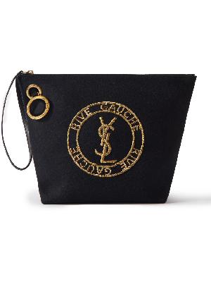 SAINT LAURENT - Logo-Embroidered Leather-Trimmed Wool Pouch