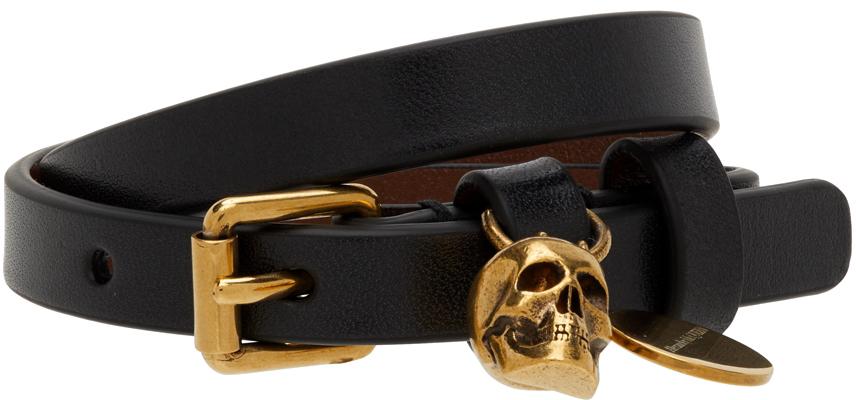 Alexander McQueen Black & Gold Leather Double Wrap Bracelet