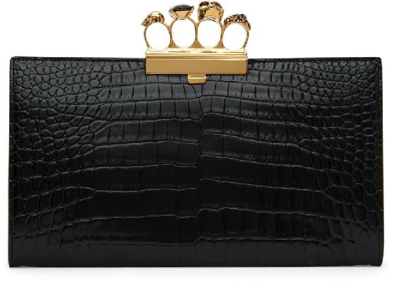 Alexander McQueen Black Leather Skull Four Ring Clutch