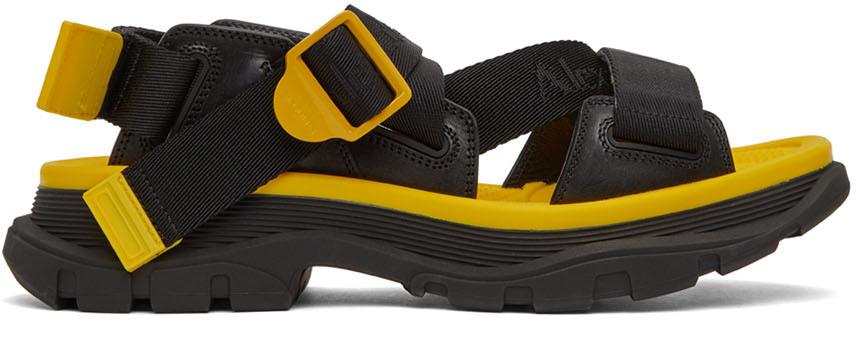Alexander McQueen Black & Yellow Logo Webbing Sandals