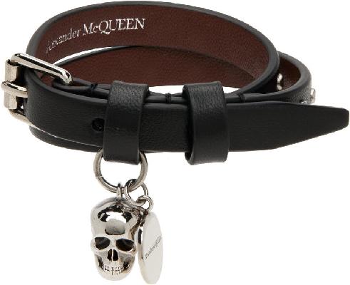 Alexander McQueen Black & Silver Double Wrap Studded Skull Bracelet