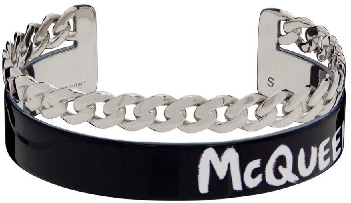 Alexander McQueen Black & Silver Graffiti Cuff Bracelet