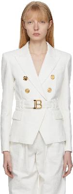 Balmain White Belted Monogram Denim Jacket