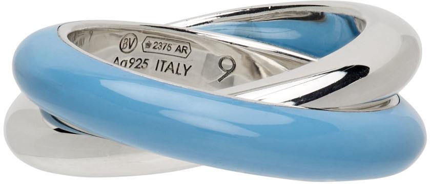 Bottega Veneta Silver & Blue Enamel Interlocked Ring