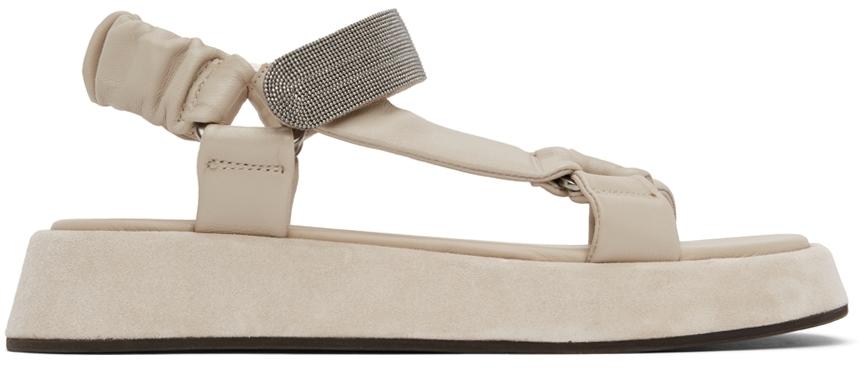 Brunello Cucinelli Beige Leather Crystal Velcro Sandals