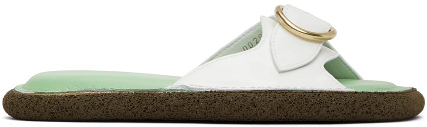 Dries Van Noten White & Green Leather Flat Sandals