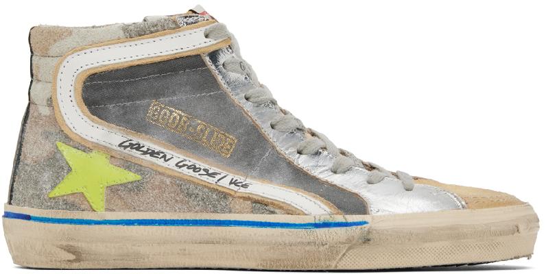 Golden Goose Gray & Tan Slide High Top Sneakers