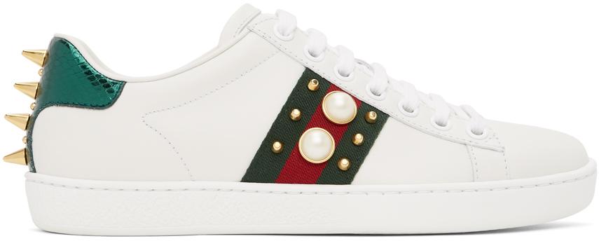 Gucci White Pearl Stud New Ace Sneakers