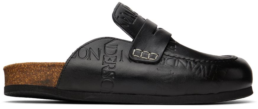 JW Anderson Black Leather Logo Loafer Mules