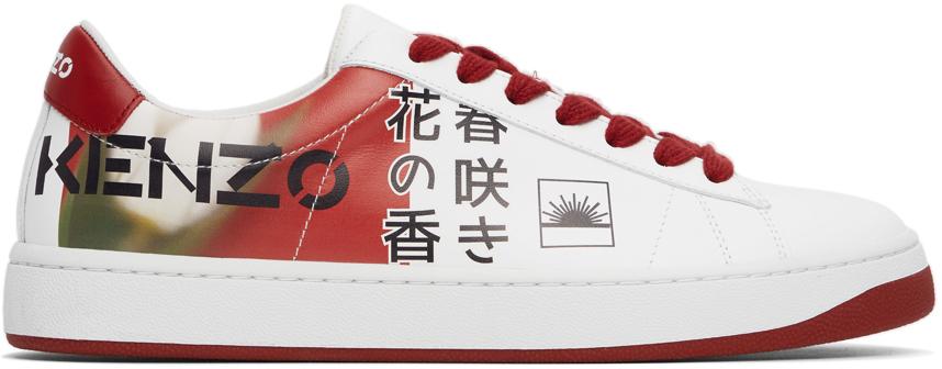 Kenzo White & Red Kourt Logo Sneakers