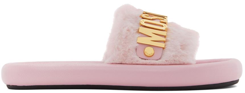 Moschino Pink Faux-Fur Logo Slides