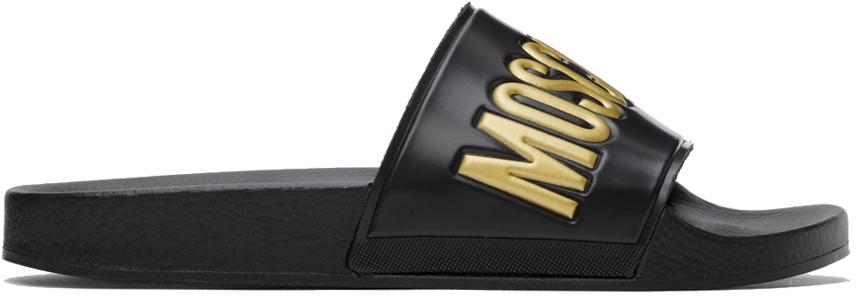 Moschino Black & Gold Logo Slide Sandals