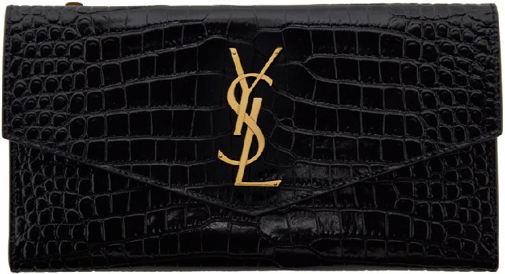 Saint Laurent Black Croc Embossed Leather Wallet