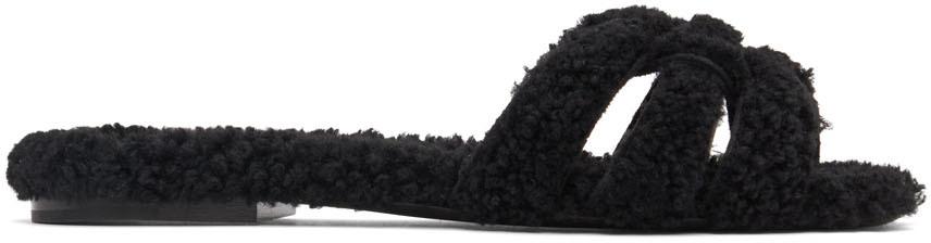Saint Laurent Black Shearling Tribute Flat Sandals