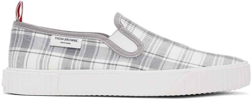 Thom Browne White & Grey Check Slip-On Heritage Sneakers