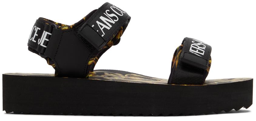 Versace Jeans Couture Black & Gold Garland Logo Sandals