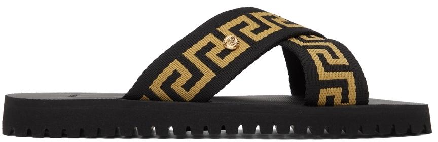 Versace Black Nastro Greca Cross Strap Sandals